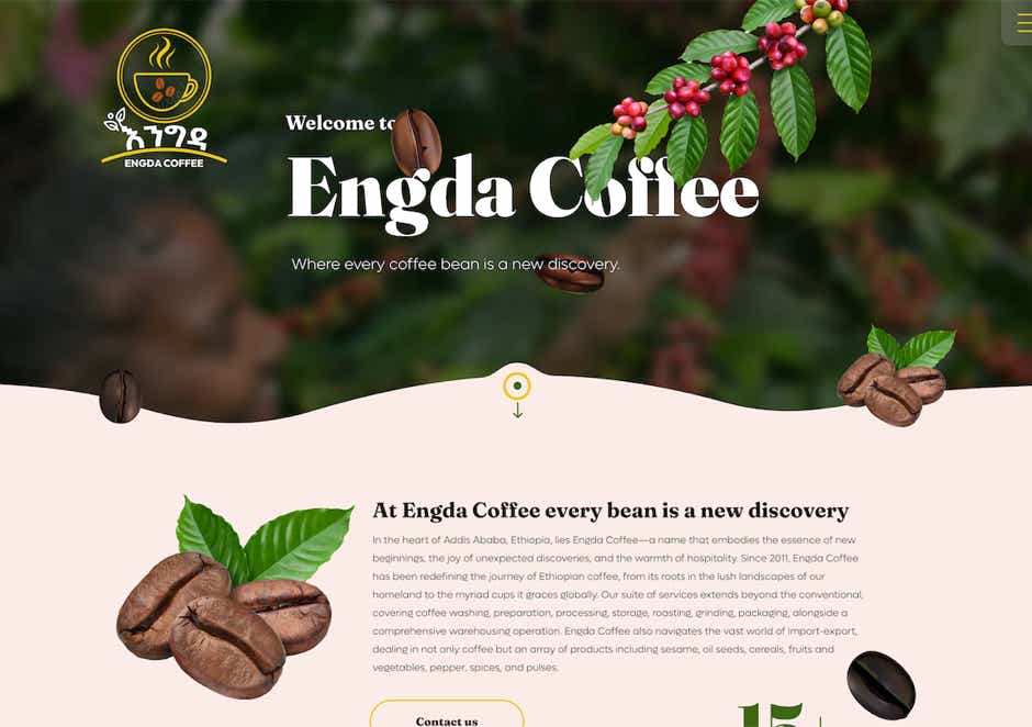 A visually enticing website for Engda Coffee, designed and developed by WubSites, featuring captivating images of coffee beans, brewing methods, and mouthwatering coffee products, along with compelling web copy.