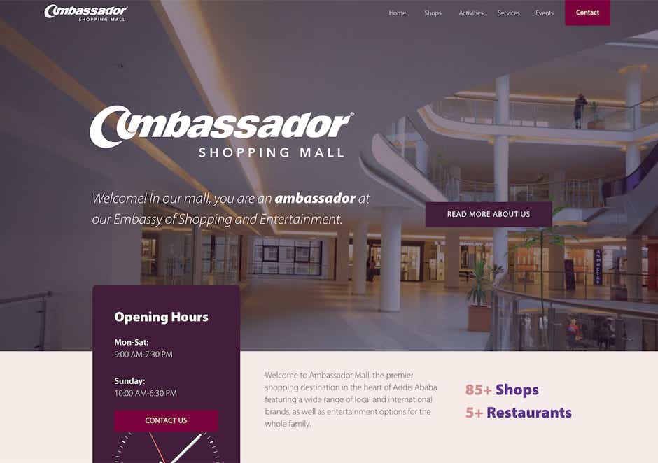  "A screenshot of the modern and visually appealing website designed and developed by WubSites for Ambassador Mall in Addis Ababa, showcasing their stores, events, and promotions.